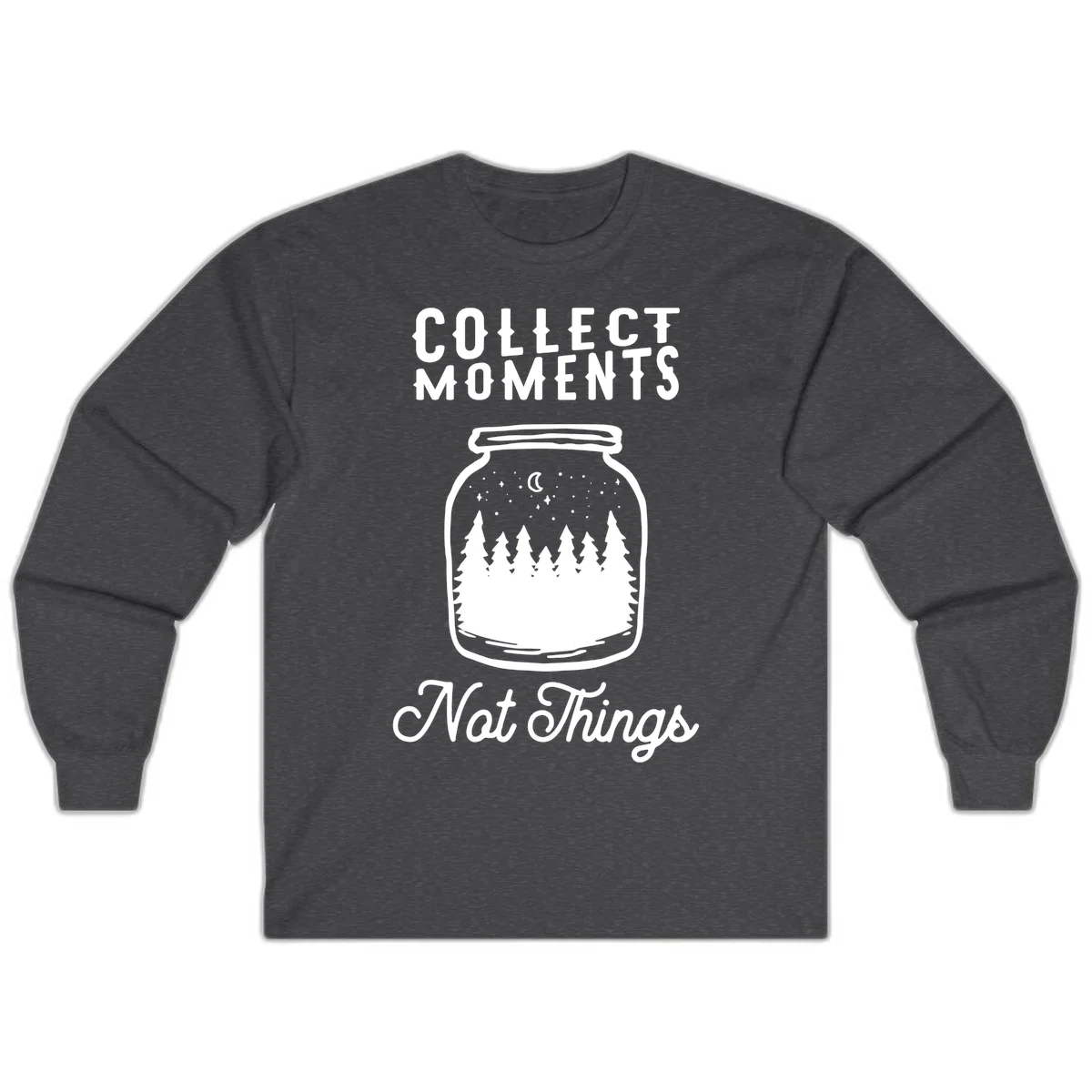 White illustrated mason jar filled with evergreen forest, moon, and stars with text 'Collect Moments Not Things' for camping enthusiasts in Dark Heather
