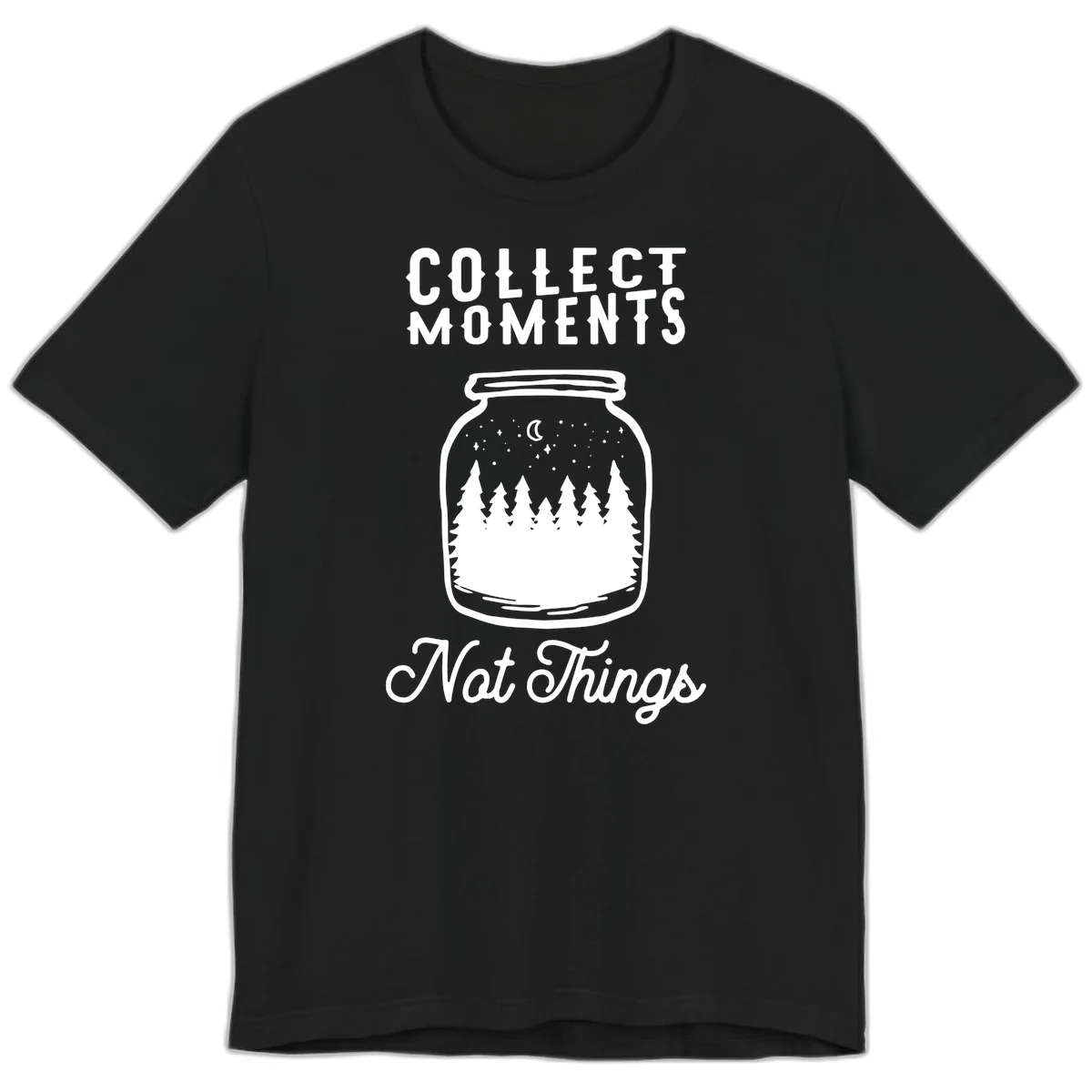 White illustrated mason jar filled with evergreen forest, moon, and stars with text 'Collect Moments Not Things' for camping enthusiasts in Black