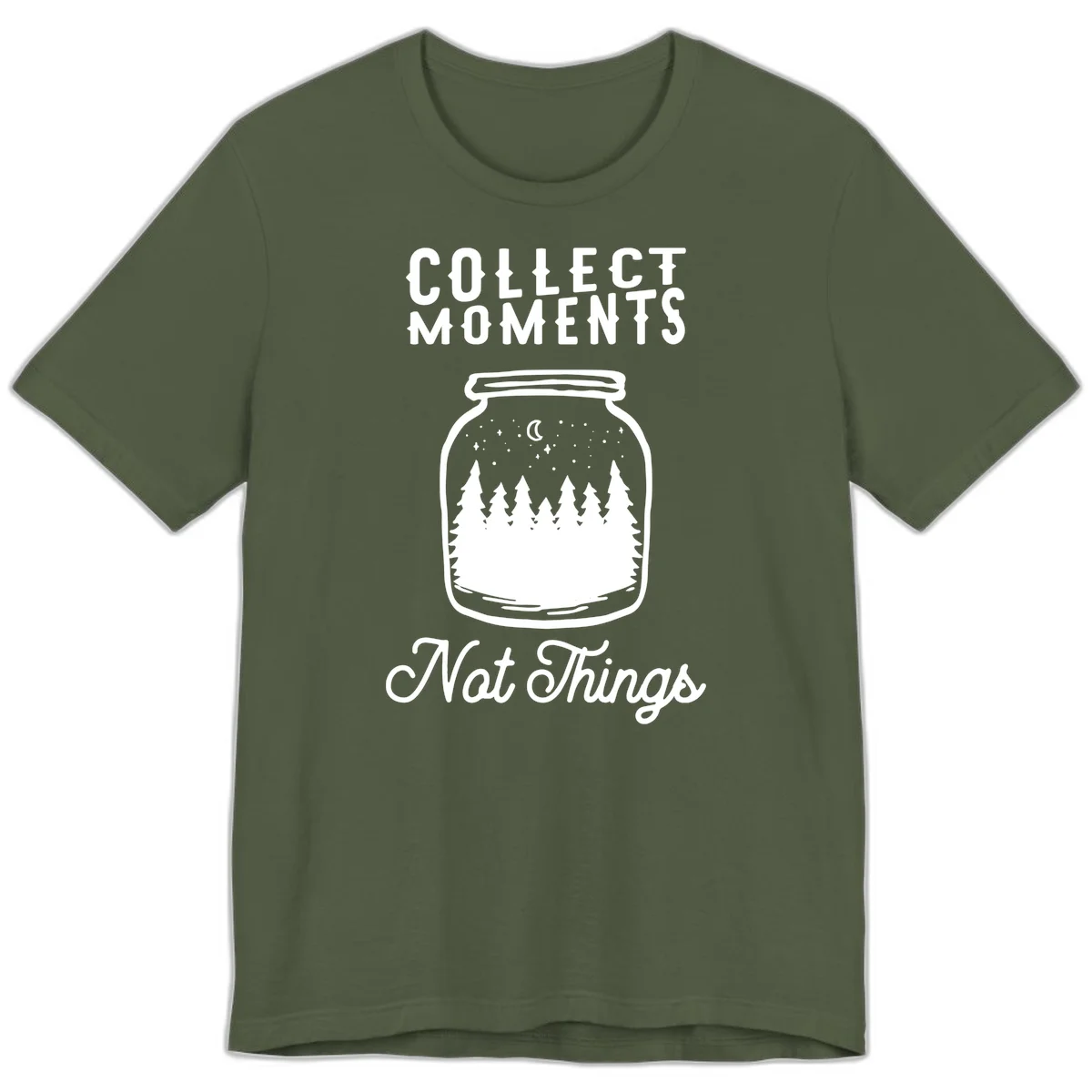 White illustrated mason jar filled with evergreen forest, moon, and stars with text 'Collect Moments Not Things' for camping enthusiasts in Military Green