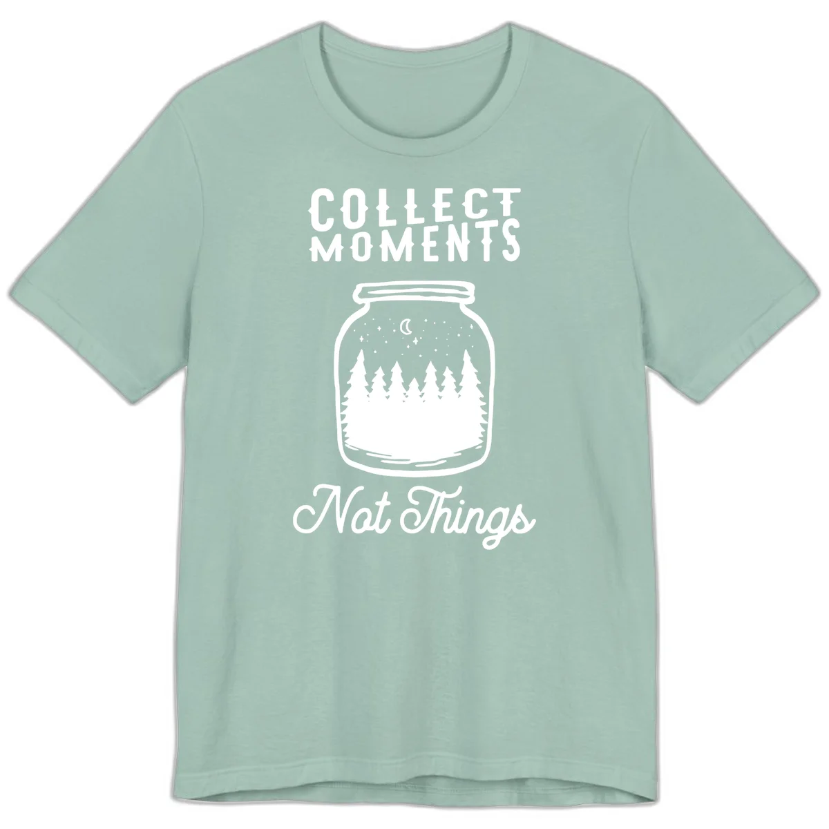 White illustrated mason jar filled with evergreen forest, moon, and stars with text 'Collect Moments Not Things' for camping enthusiasts in Dusty Blue