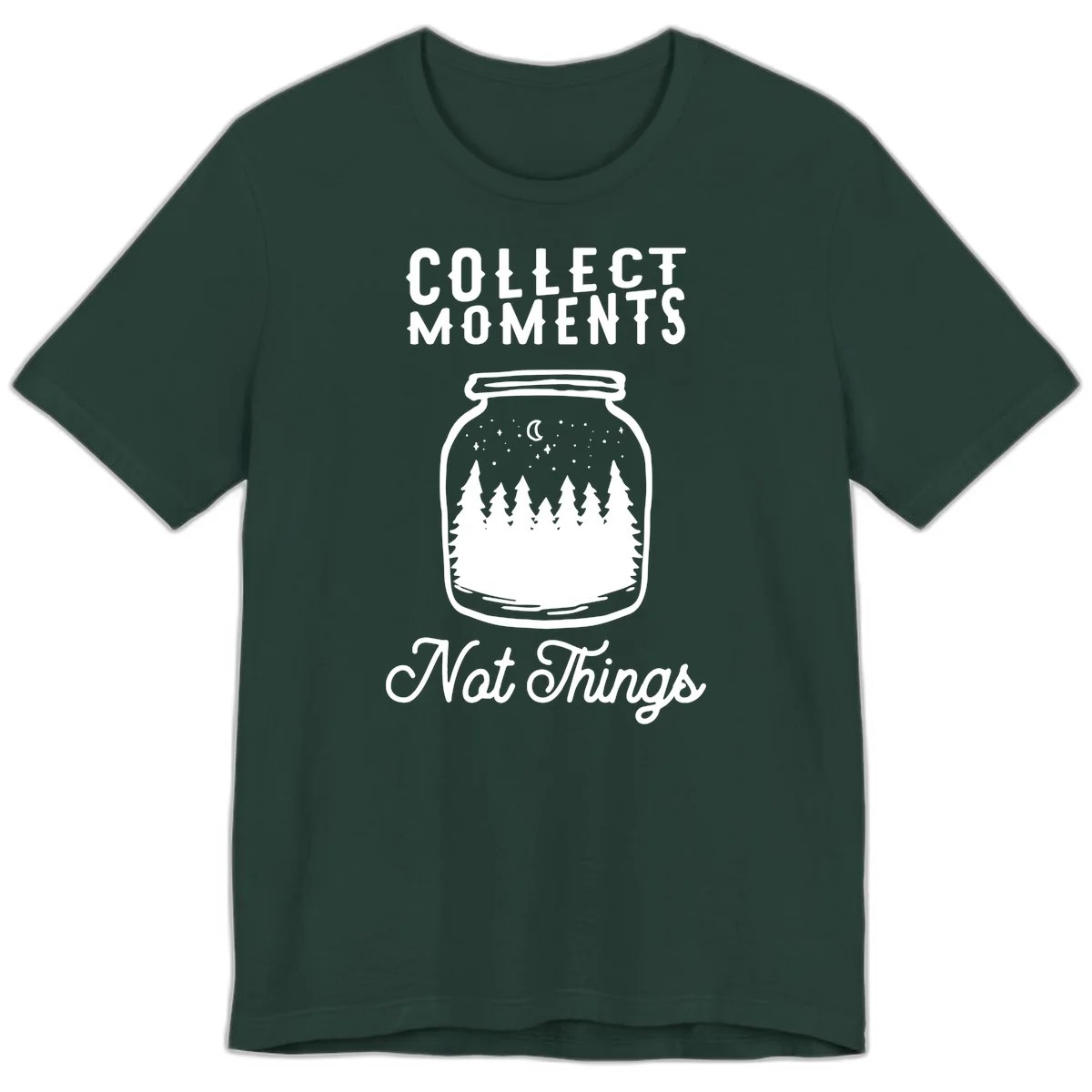 White illustrated mason jar filled with evergreen forest, moon, and stars with text 'Collect Moments Not Things' for camping enthusiasts in Forest