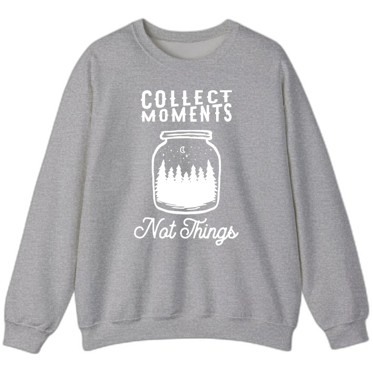 White illustrated mason jar filled with evergreen forest, moon, and stars with text 'Collect Moments Not Things' for camping enthusiasts in Sport Grey