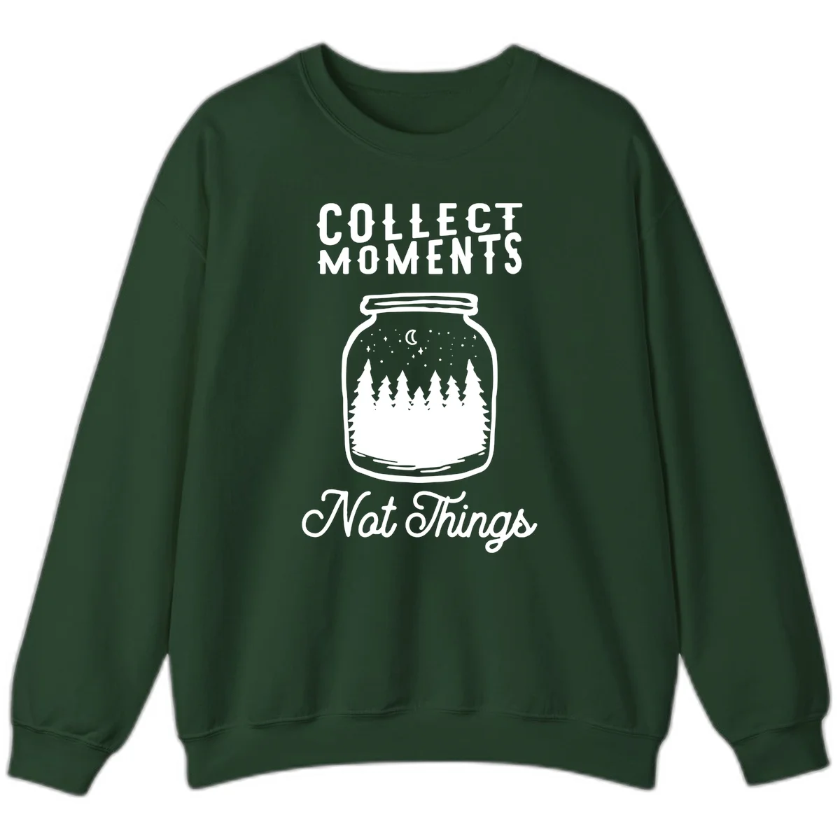 White illustrated mason jar filled with evergreen forest, moon, and stars with text 'Collect Moments Not Things' for camping enthusiasts in Forest Green