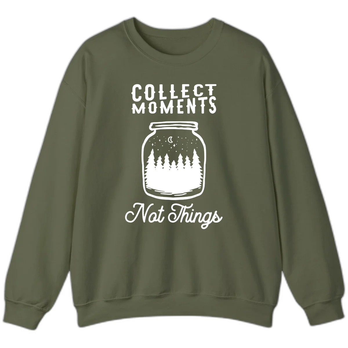White illustrated mason jar filled with evergreen forest, moon, and stars with text 'Collect Moments Not Things' for camping enthusiasts in Military Green