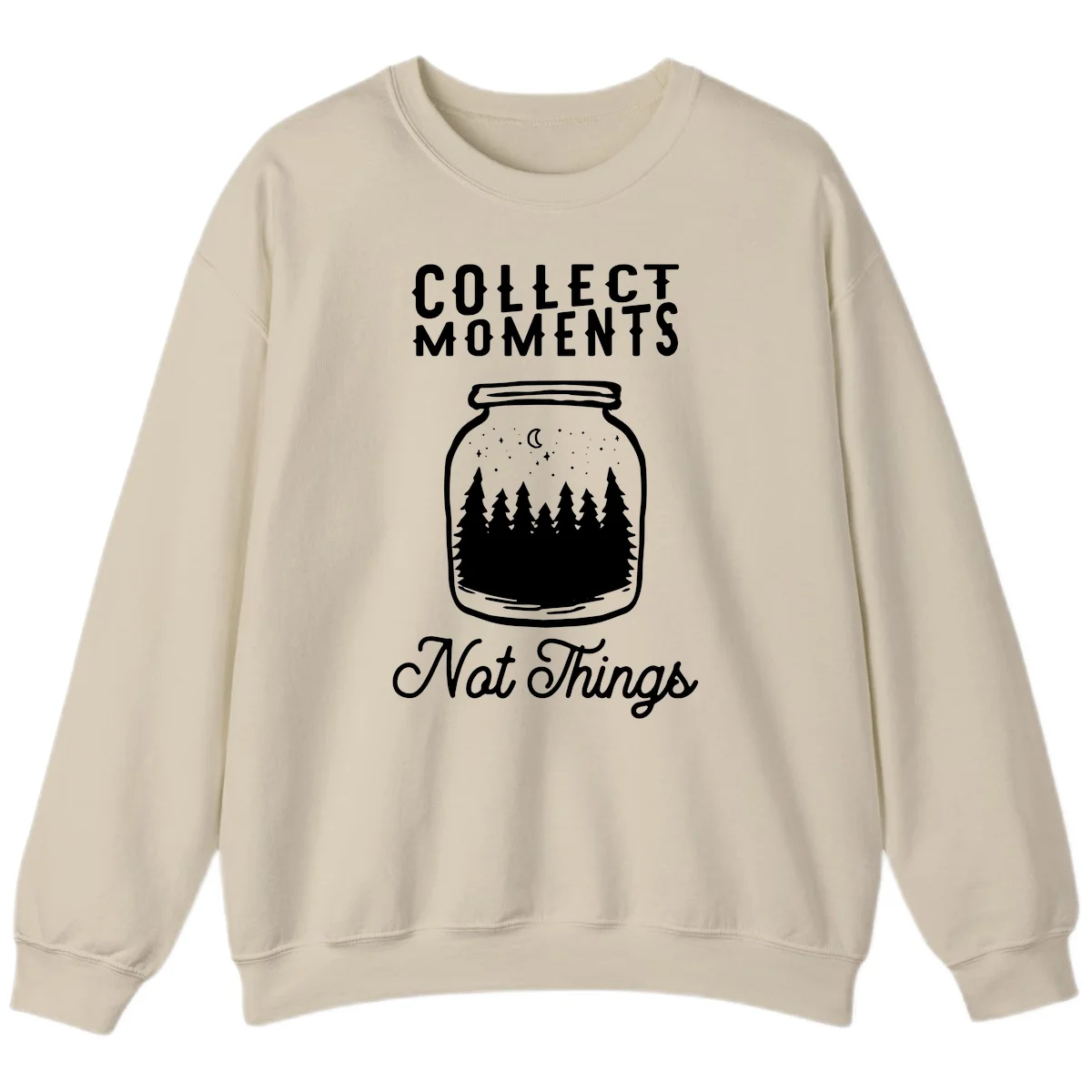 White illustrated mason jar filled with evergreen forest, moon, and stars with text 'Collect Moments Not Things' for camping enthusiasts in Sand