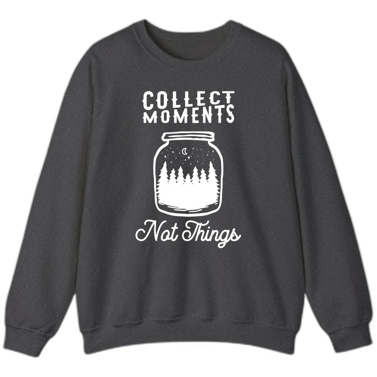 White illustrated mason jar filled with evergreen forest, moon, and stars with text 'Collect Moments Not Things' for camping enthusiasts in Dark Heather