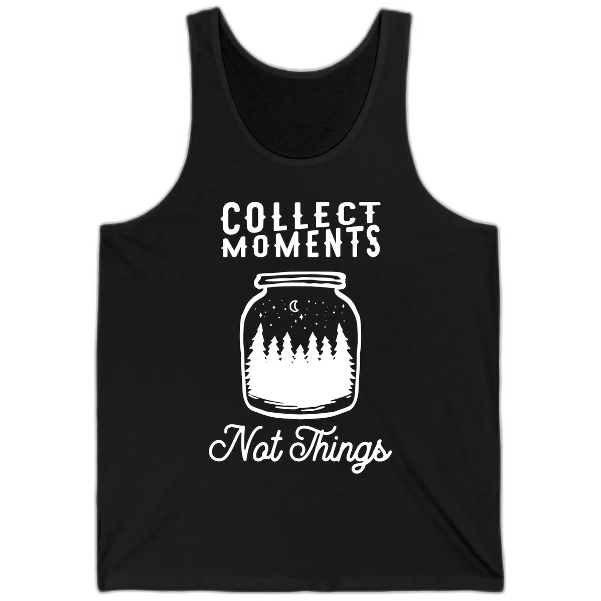 White illustrated mason jar filled with evergreen forest, moon, and stars with text 'Collect Moments Not Things' for camping enthusiasts in Black