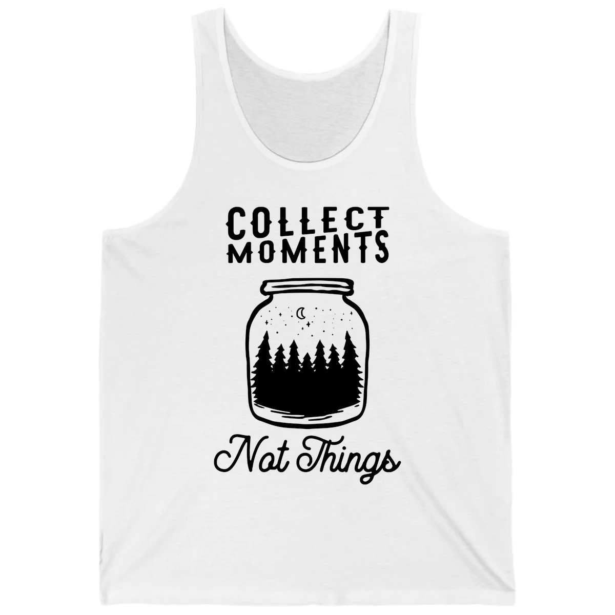 White illustrated mason jar filled with evergreen forest, moon, and stars with text 'Collect Moments Not Things' for camping enthusiasts in White