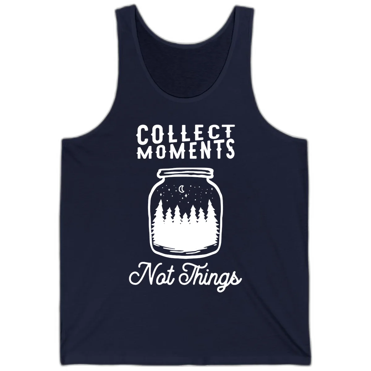 White illustrated mason jar filled with evergreen forest, moon, and stars with text 'Collect Moments Not Things' for camping enthusiasts in Navy