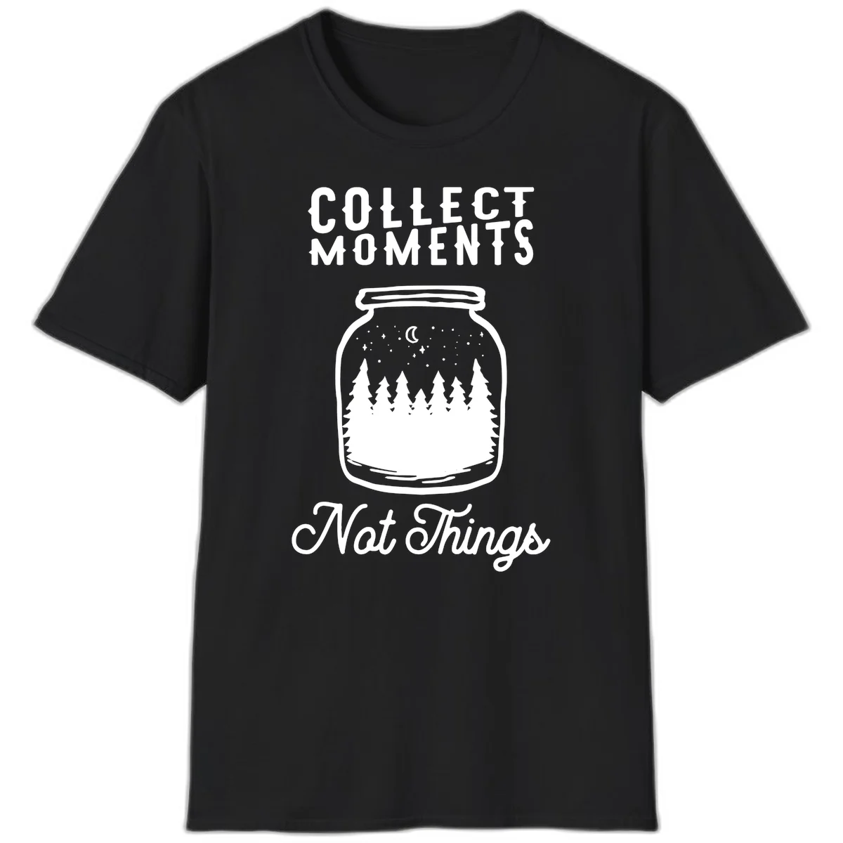 White illustrated mason jar filled with evergreen forest, moon, and stars with text 'Collect Moments Not Things' for camping enthusiasts in Black