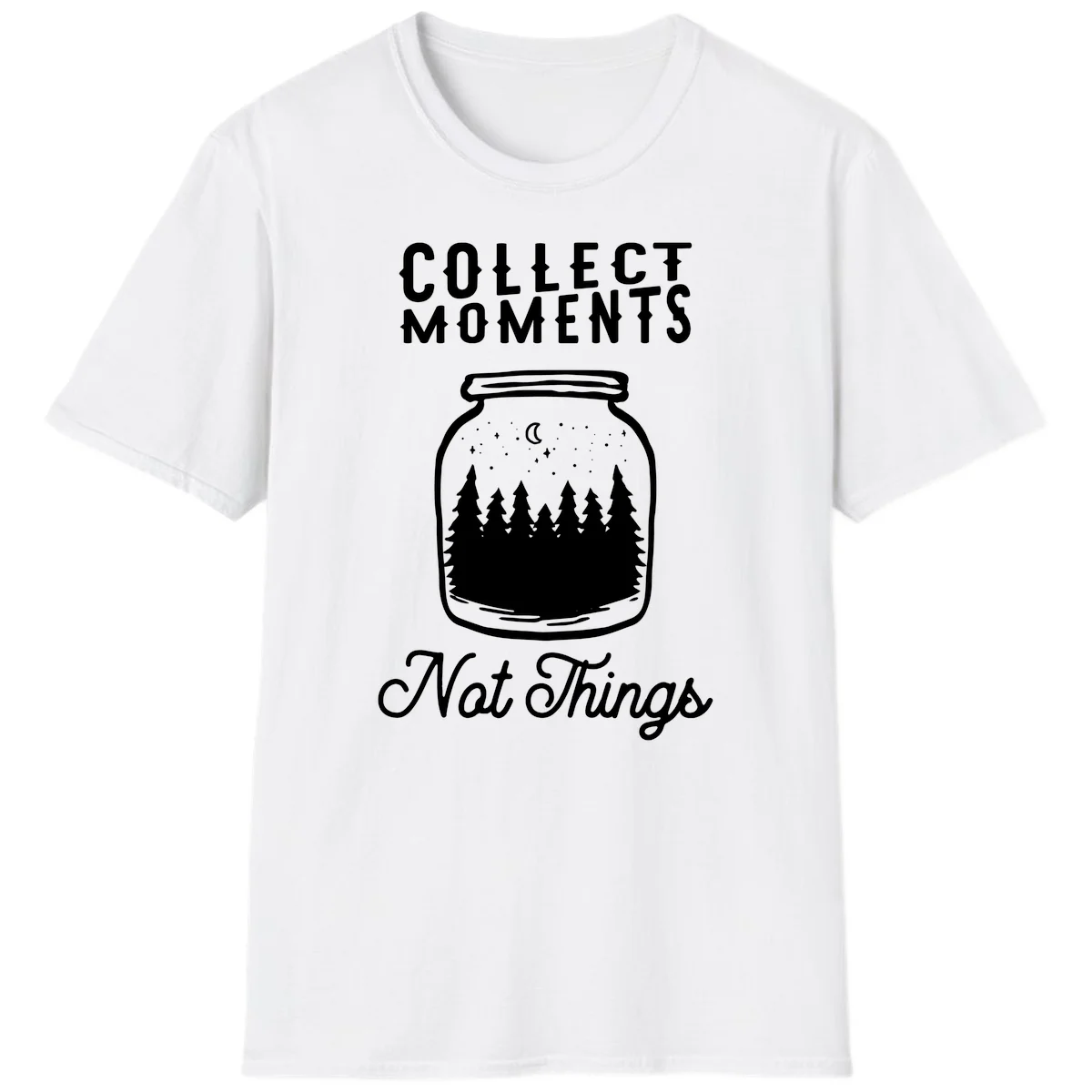 White illustrated mason jar filled with evergreen forest, moon, and stars with text 'Collect Moments Not Things' for camping enthusiasts in White