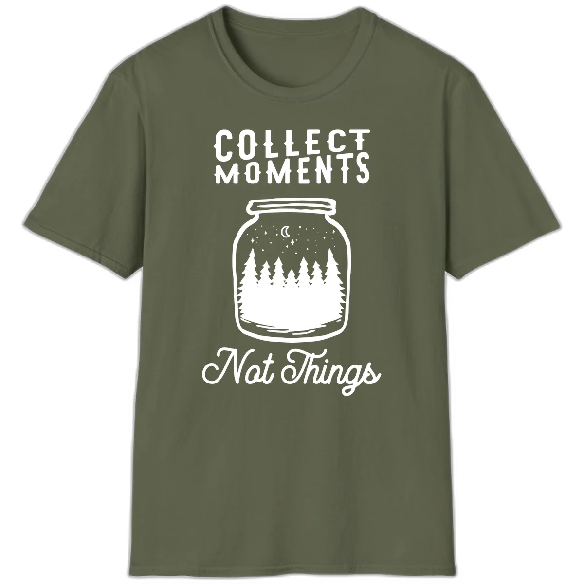 White illustrated mason jar filled with evergreen forest, moon, and stars with text 'Collect Moments Not Things' for camping enthusiasts in Military Green