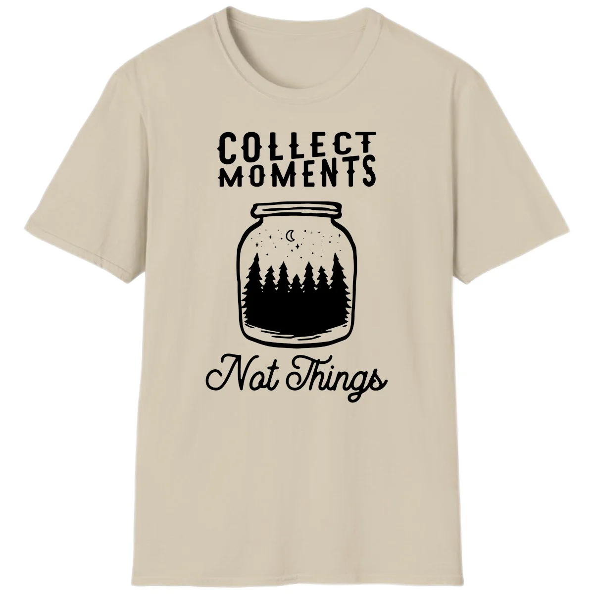 White illustrated mason jar filled with evergreen forest, moon, and stars with text 'Collect Moments Not Things' for camping enthusiasts in Sand