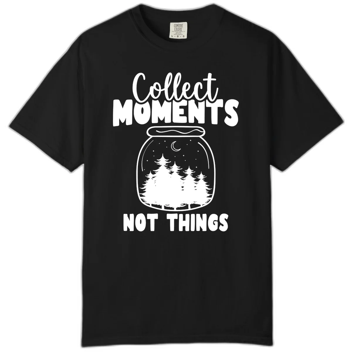 Illustration of a mason jar containing a nighttime forest scene with trees, moon, and stars, with text reading 'Collect Moments Not Things' in Black