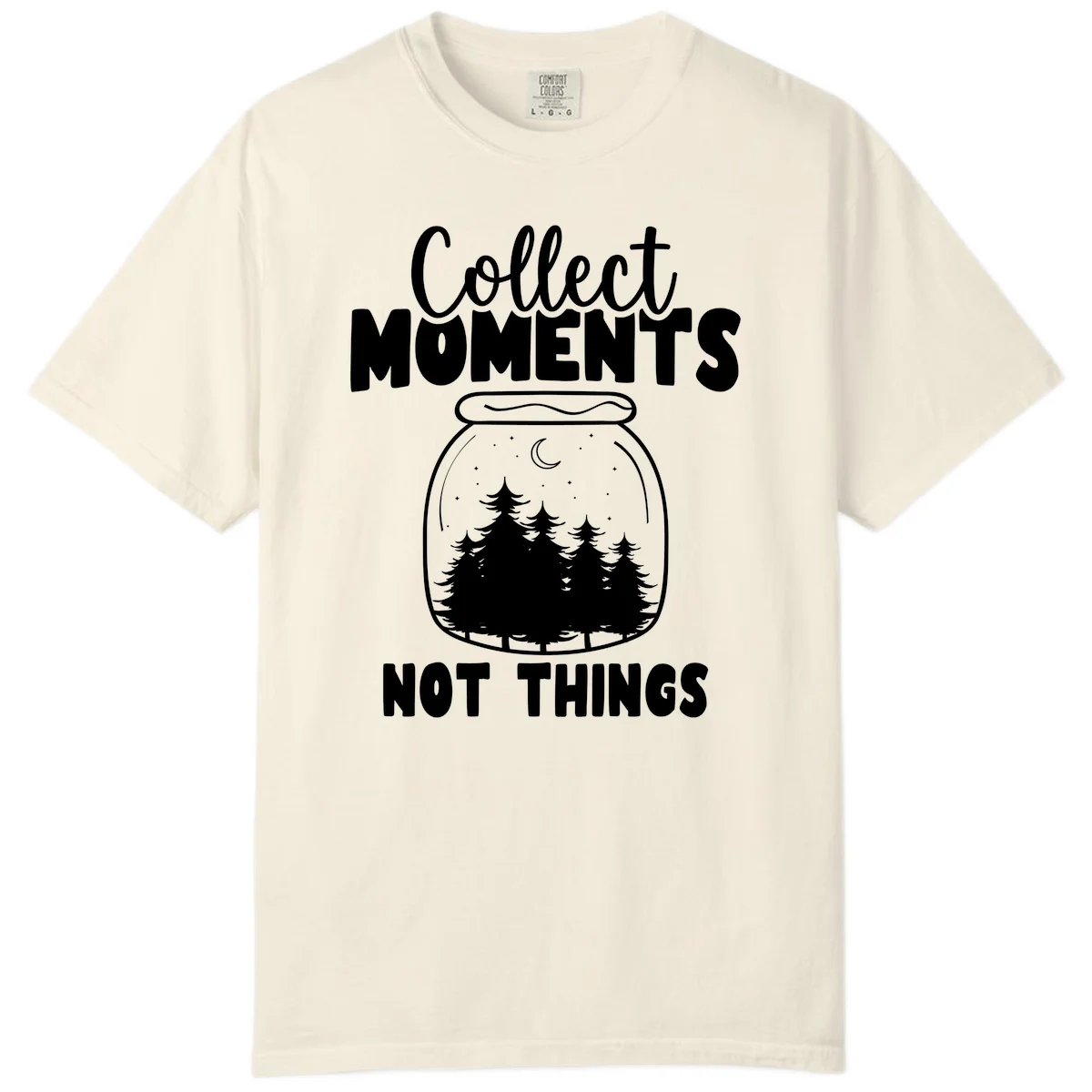 Illustration of a mason jar containing a nighttime forest scene with trees, moon, and stars, with text reading 'Collect Moments Not Things' in Ivory