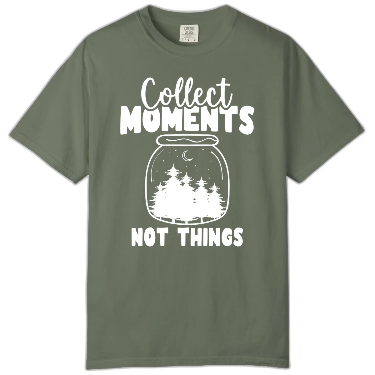 Illustration of a mason jar containing a nighttime forest scene with trees, moon, and stars, with text reading 'Collect Moments Not Things' in Moss