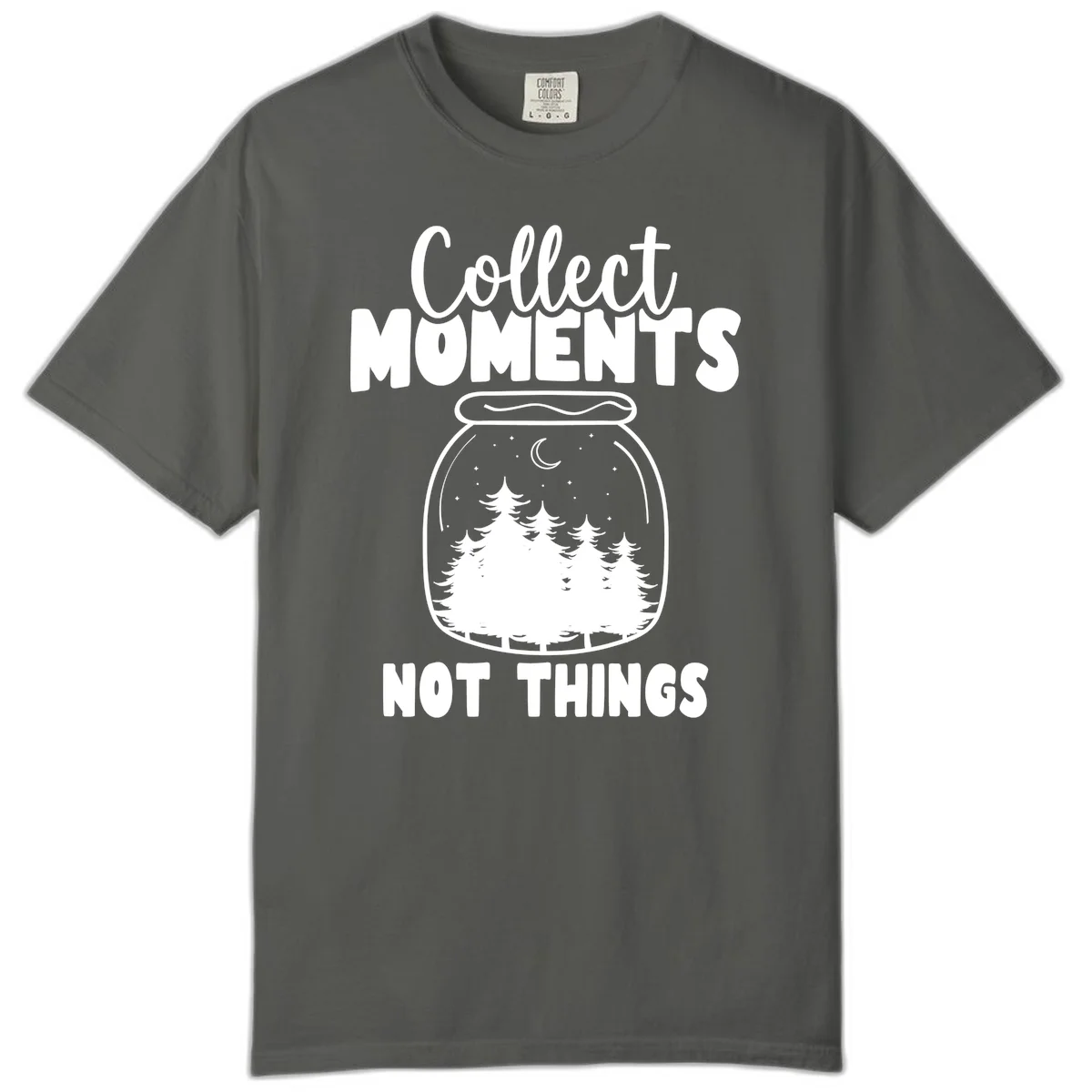 Illustration of a mason jar containing a nighttime forest scene with trees, moon, and stars, with text reading 'Collect Moments Not Things' in Pepper