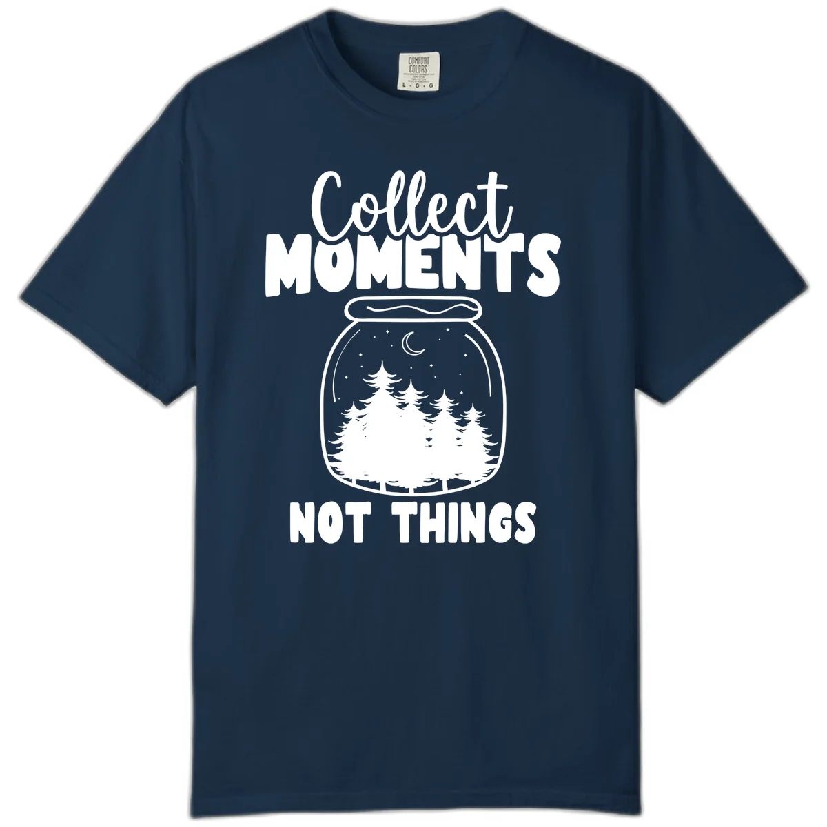 Illustration of a mason jar containing a nighttime forest scene with trees, moon, and stars, with text reading 'Collect Moments Not Things' in True Navy