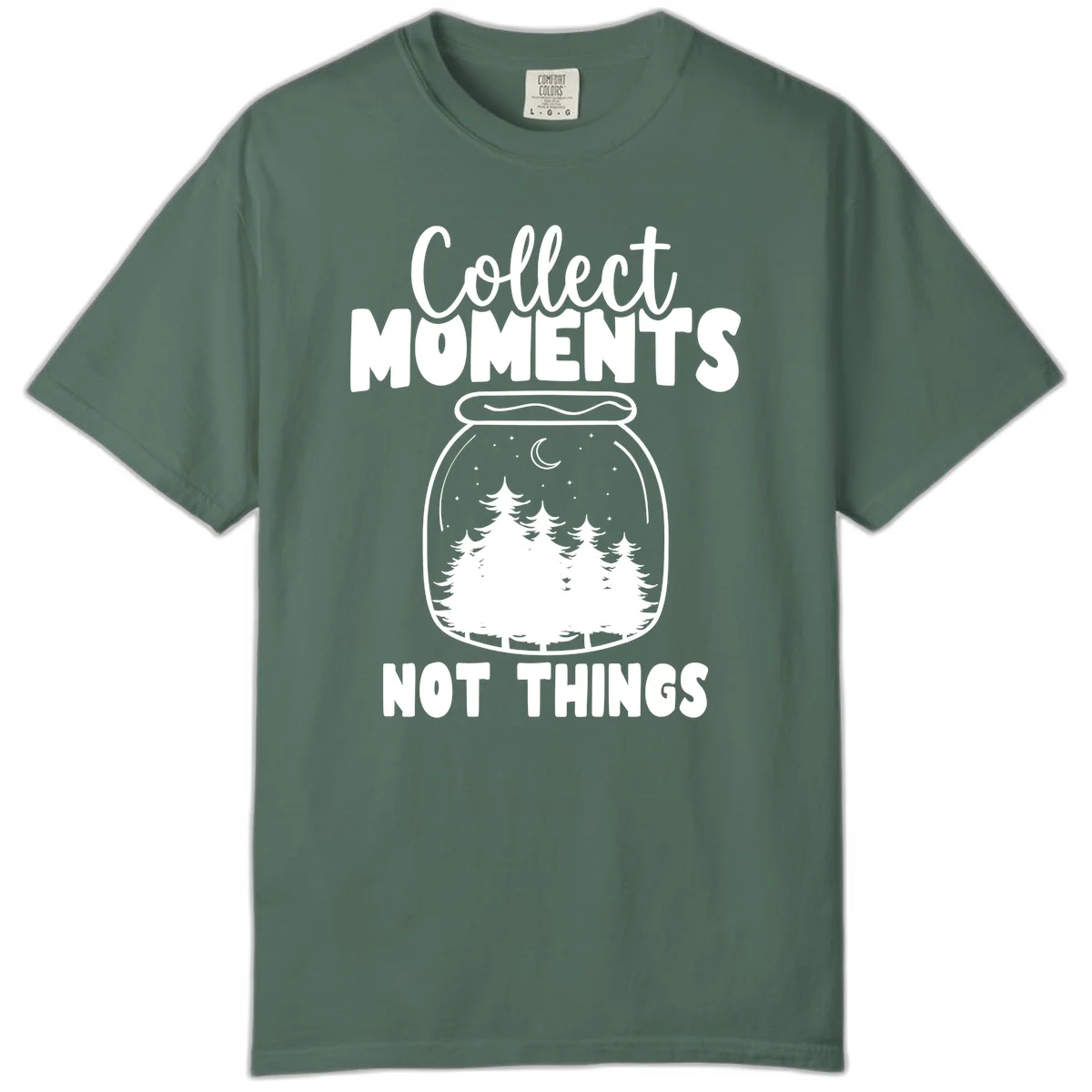 Illustration of a mason jar containing a nighttime forest scene with trees, moon, and stars, with text reading 'Collect Moments Not Things' in Blue Spruce