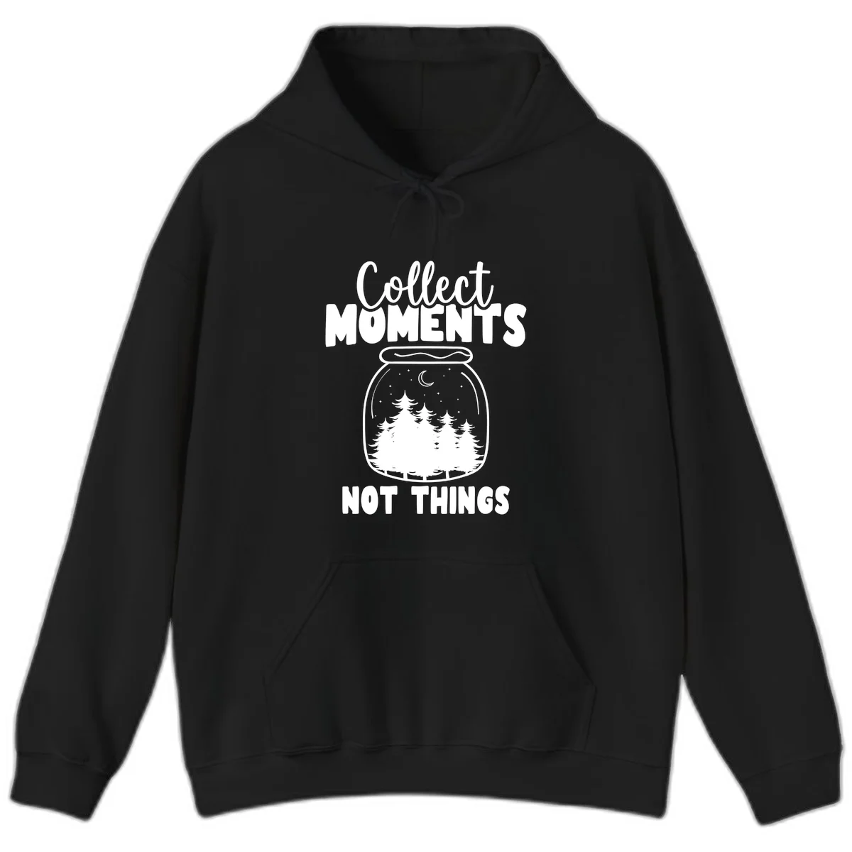 Illustration of a mason jar containing a nighttime forest scene with trees, moon, and stars, with text reading 'Collect Moments Not Things' in Black