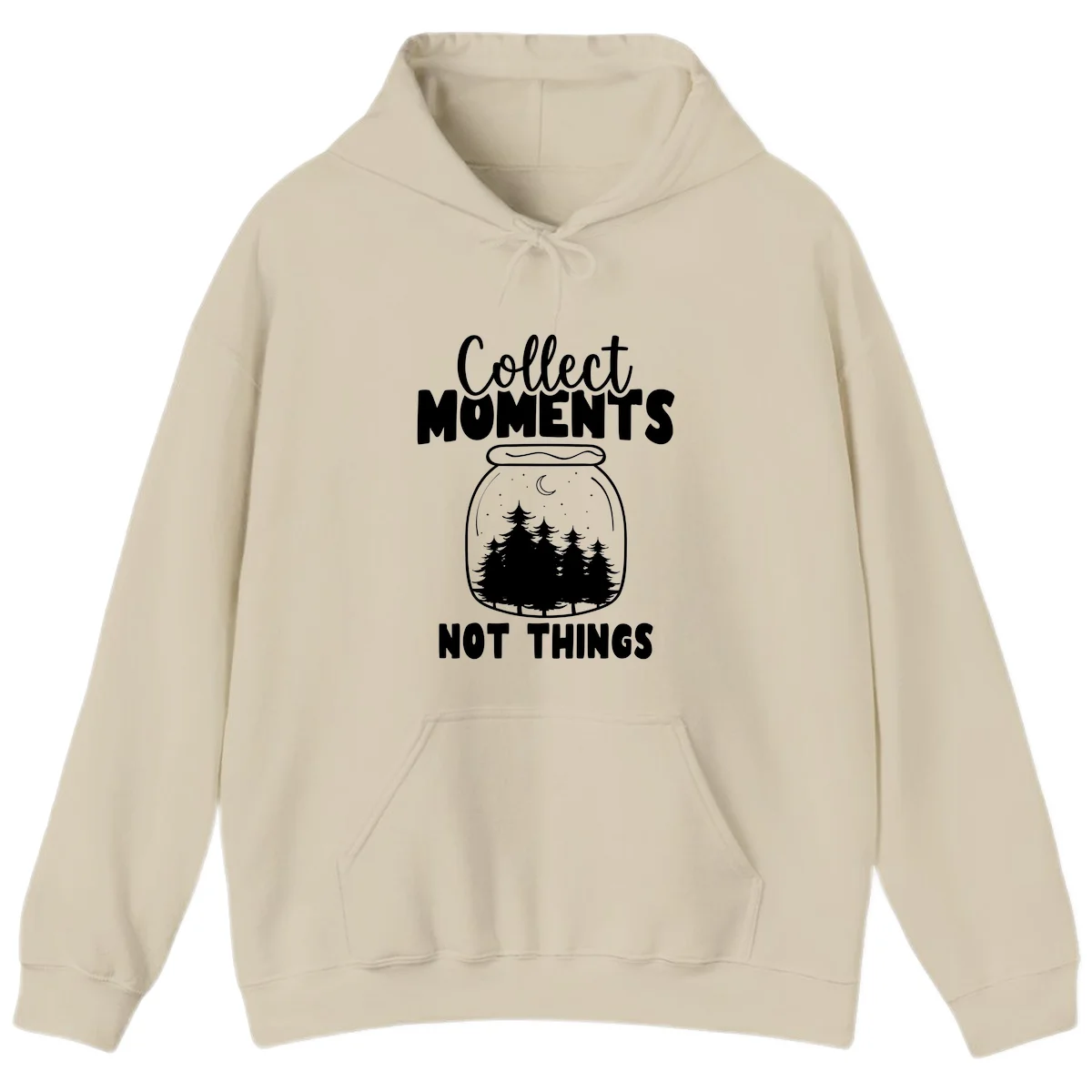 Illustration of a mason jar containing a nighttime forest scene with trees, moon, and stars, with text reading 'Collect Moments Not Things' in Sand