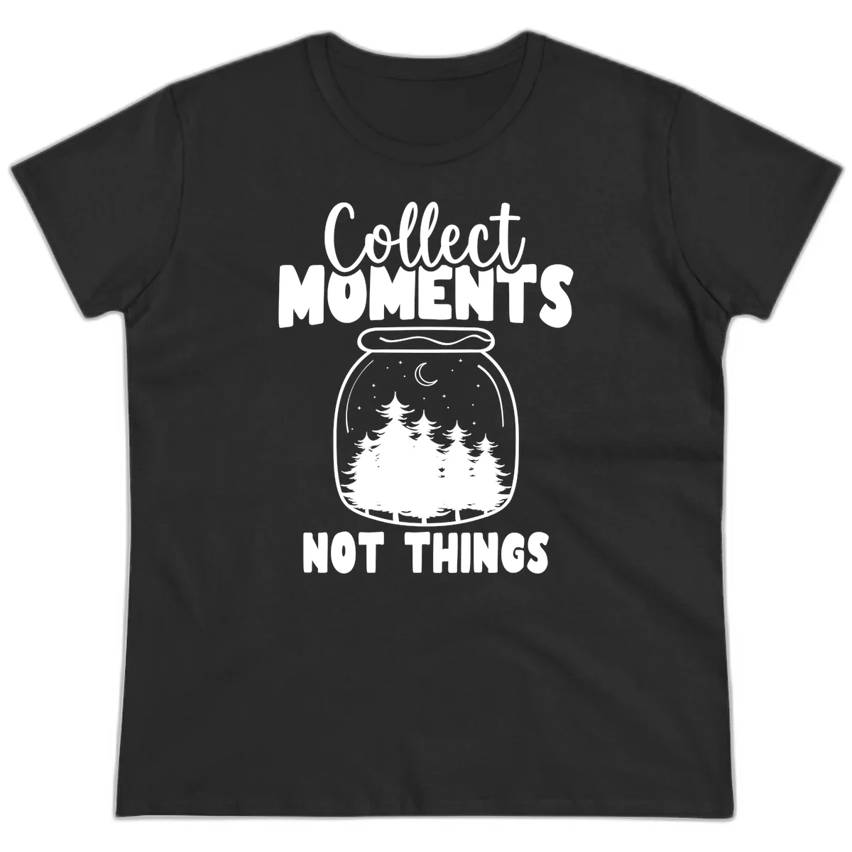 Illustration of a mason jar containing a nighttime forest scene with trees, moon, and stars, with text reading 'Collect Moments Not Things' in Black