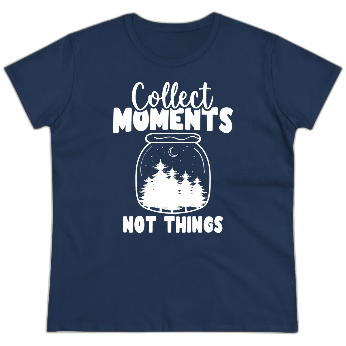 Illustration of a mason jar containing a nighttime forest scene with trees, moon, and stars, with text reading 'Collect Moments Not Things' in Navy