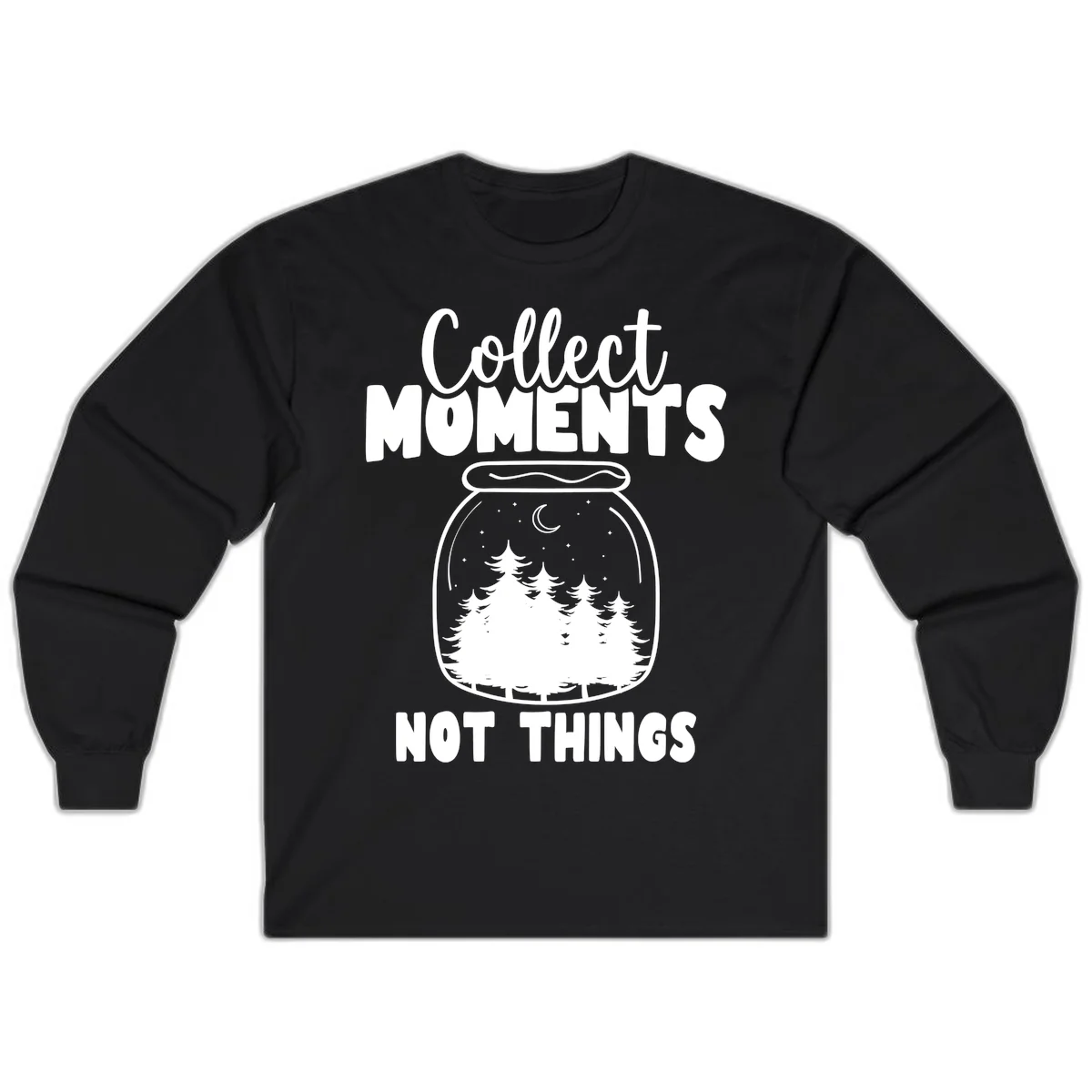 Illustration of a mason jar containing a nighttime forest scene with trees, moon, and stars, with text reading 'Collect Moments Not Things' in Black