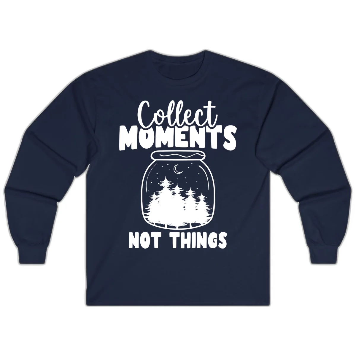 Illustration of a mason jar containing a nighttime forest scene with trees, moon, and stars, with text reading 'Collect Moments Not Things' in Navy