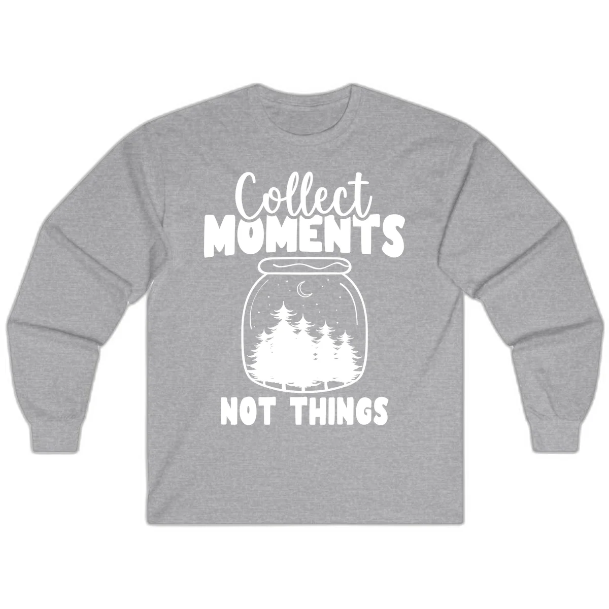 Illustration of a mason jar containing a nighttime forest scene with trees, moon, and stars, with text reading 'Collect Moments Not Things' in Sport Grey