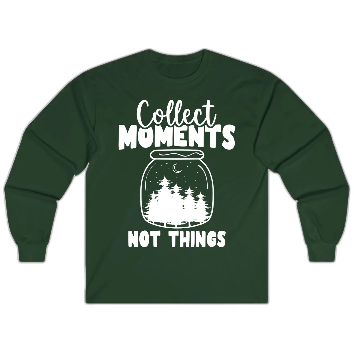 Illustration of a mason jar containing a nighttime forest scene with trees, moon, and stars, with text reading 'Collect Moments Not Things' in Forest Green
