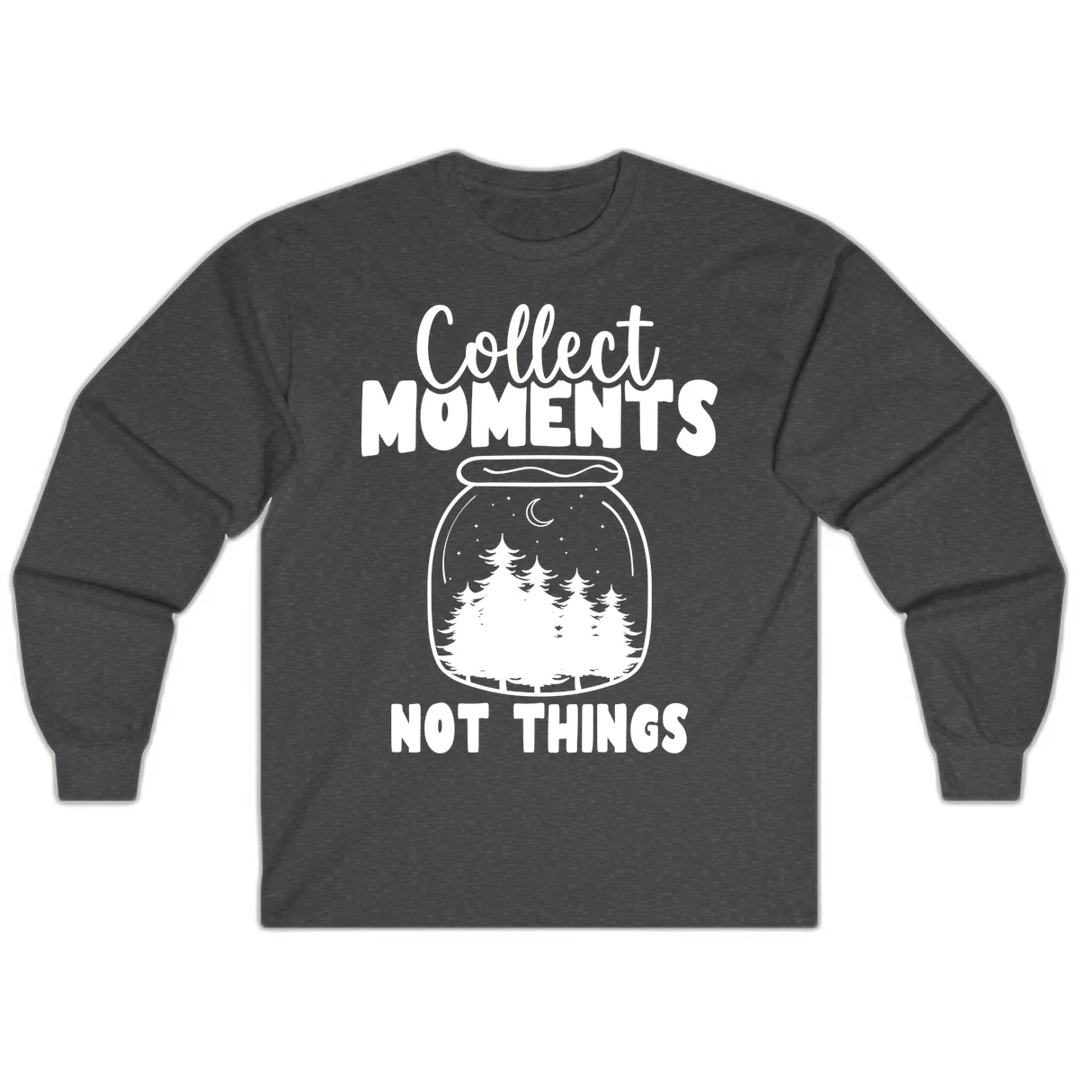 Illustration of a mason jar containing a nighttime forest scene with trees, moon, and stars, with text reading 'Collect Moments Not Things' in Dark Heather