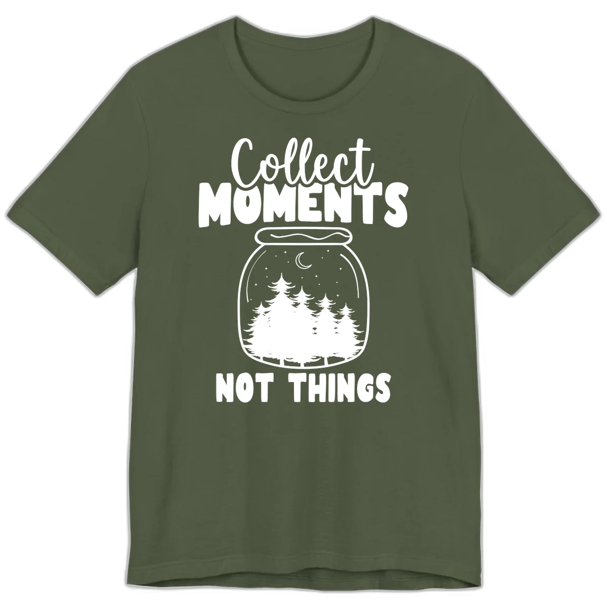 Illustration of a mason jar containing a nighttime forest scene with trees, moon, and stars, with text reading 'Collect Moments Not Things' in Military Green