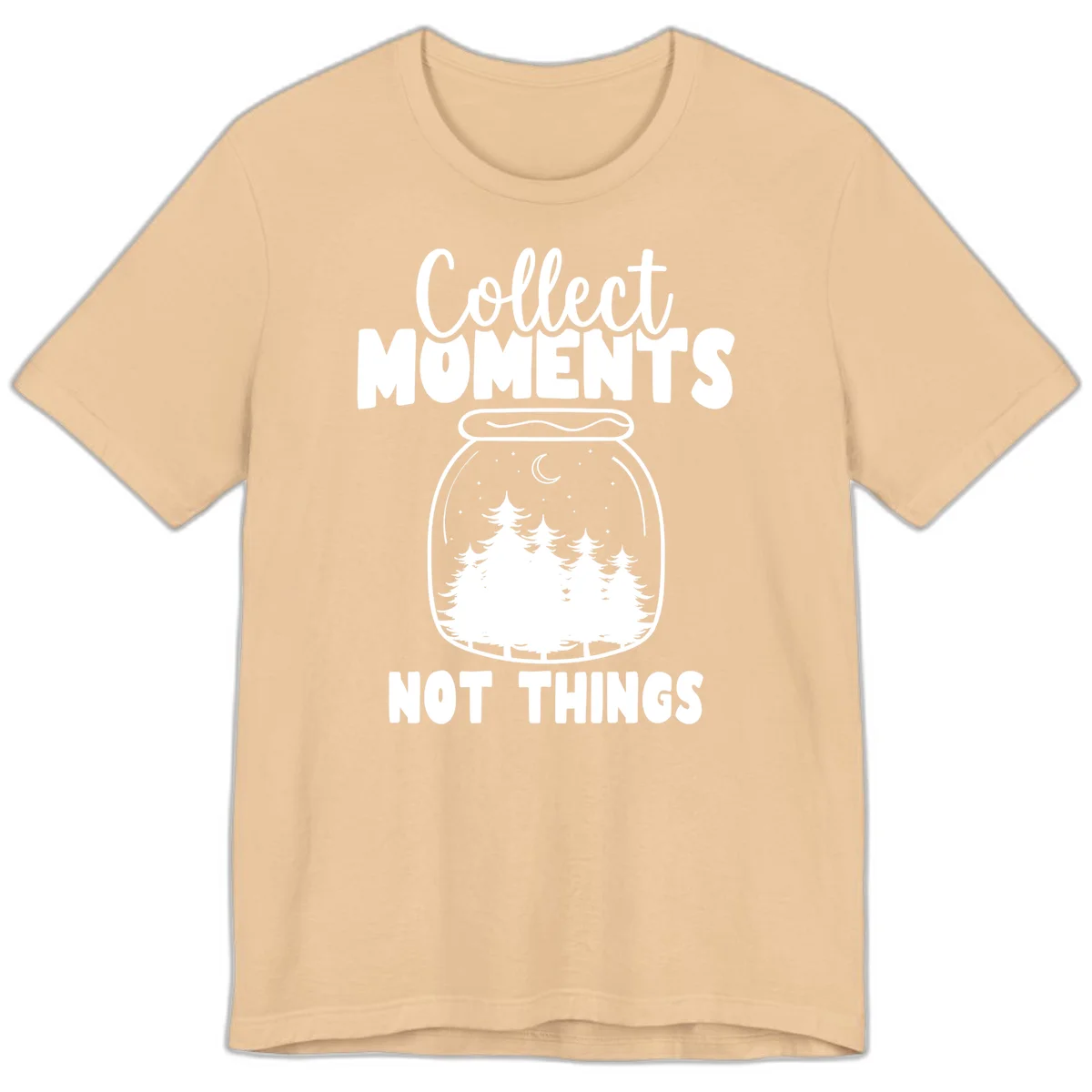 Illustration of a mason jar containing a nighttime forest scene with trees, moon, and stars, with text reading 'Collect Moments Not Things' in Sand Dune