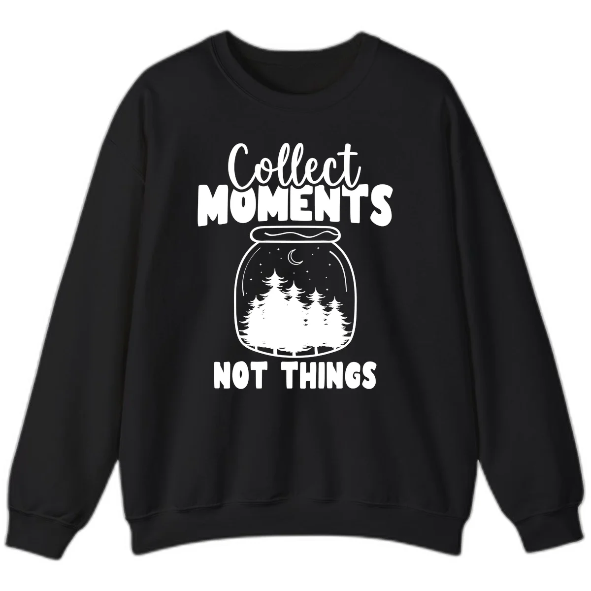 Illustration of a mason jar containing a nighttime forest scene with trees, moon, and stars, with text reading 'Collect Moments Not Things' in Black