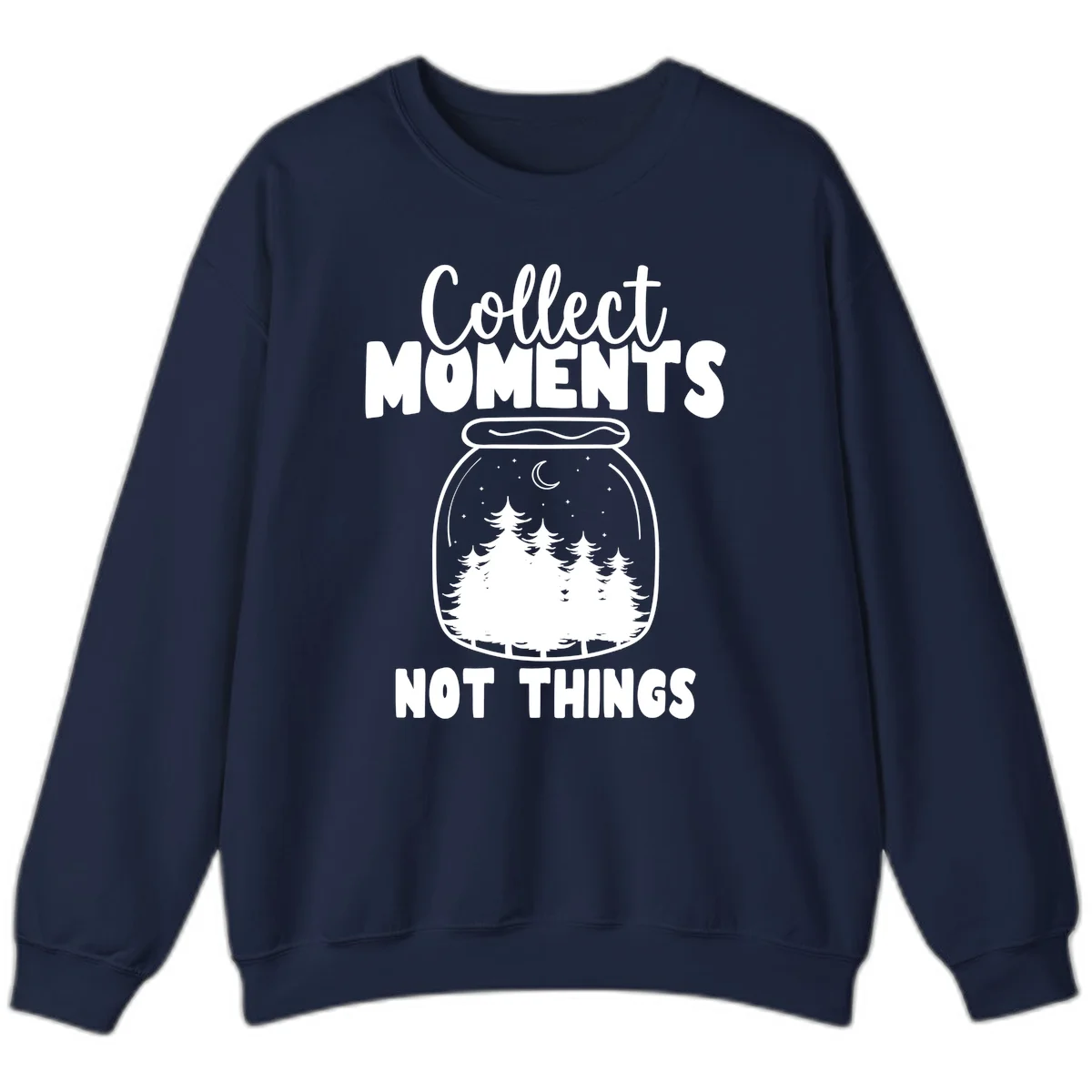 Illustration of a mason jar containing a nighttime forest scene with trees, moon, and stars, with text reading 'Collect Moments Not Things' in Navy