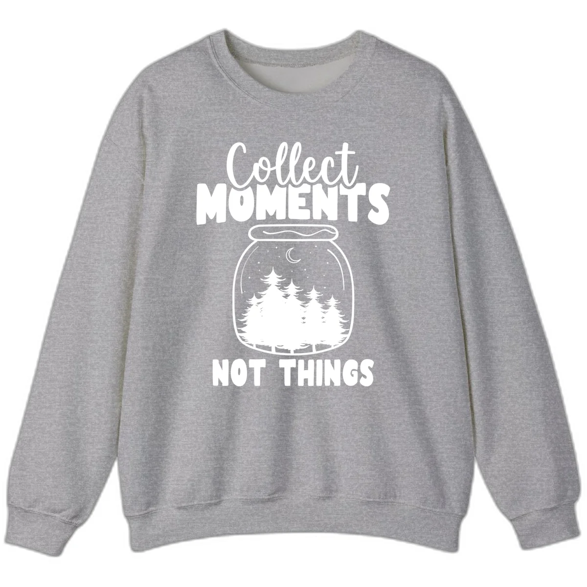 Illustration of a mason jar containing a nighttime forest scene with trees, moon, and stars, with text reading 'Collect Moments Not Things' in Sport Grey