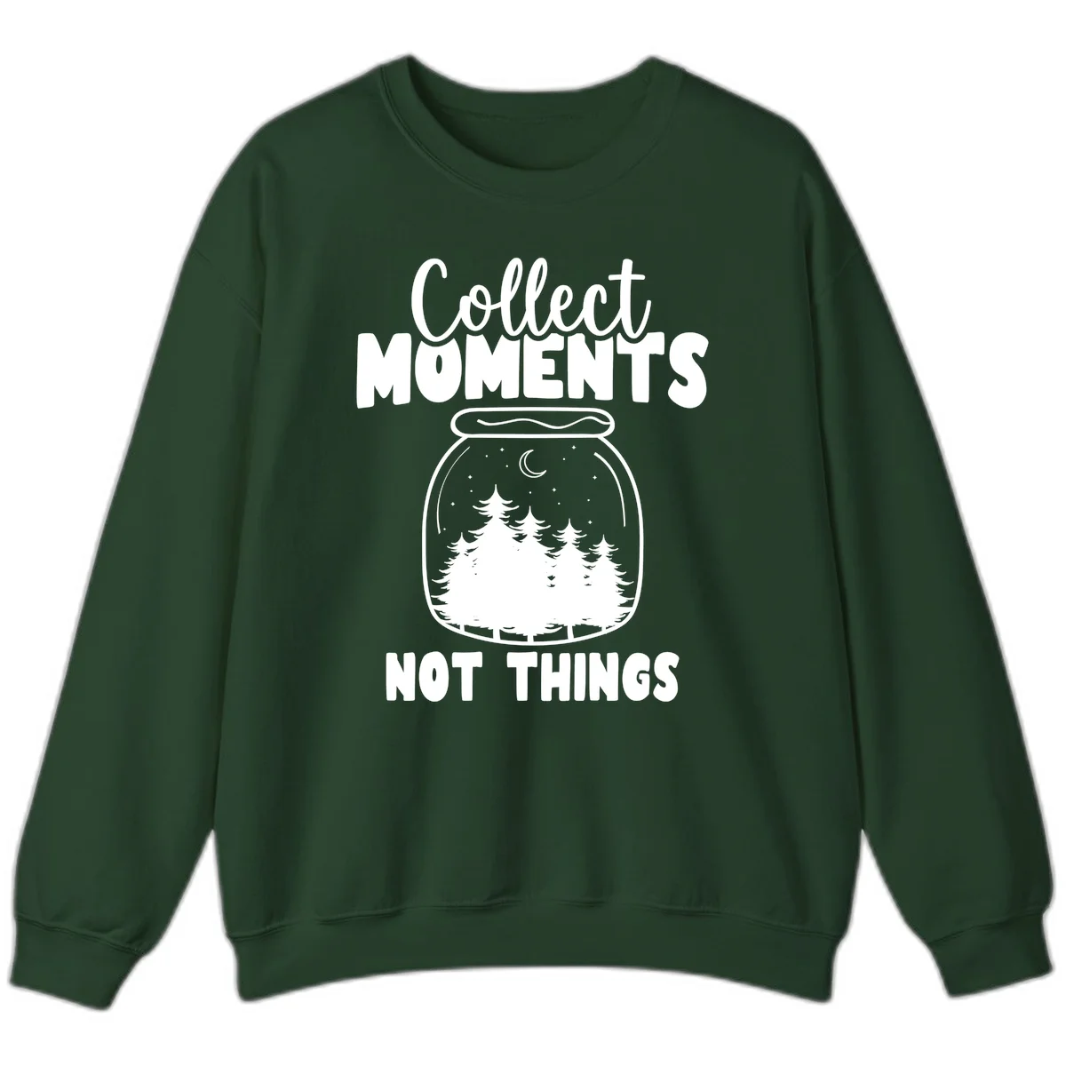 Illustration of a mason jar containing a nighttime forest scene with trees, moon, and stars, with text reading 'Collect Moments Not Things' in Forest Green