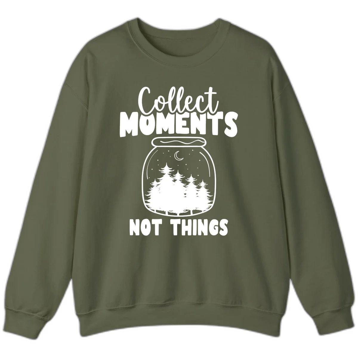 Illustration of a mason jar containing a nighttime forest scene with trees, moon, and stars, with text reading 'Collect Moments Not Things' in Military Green