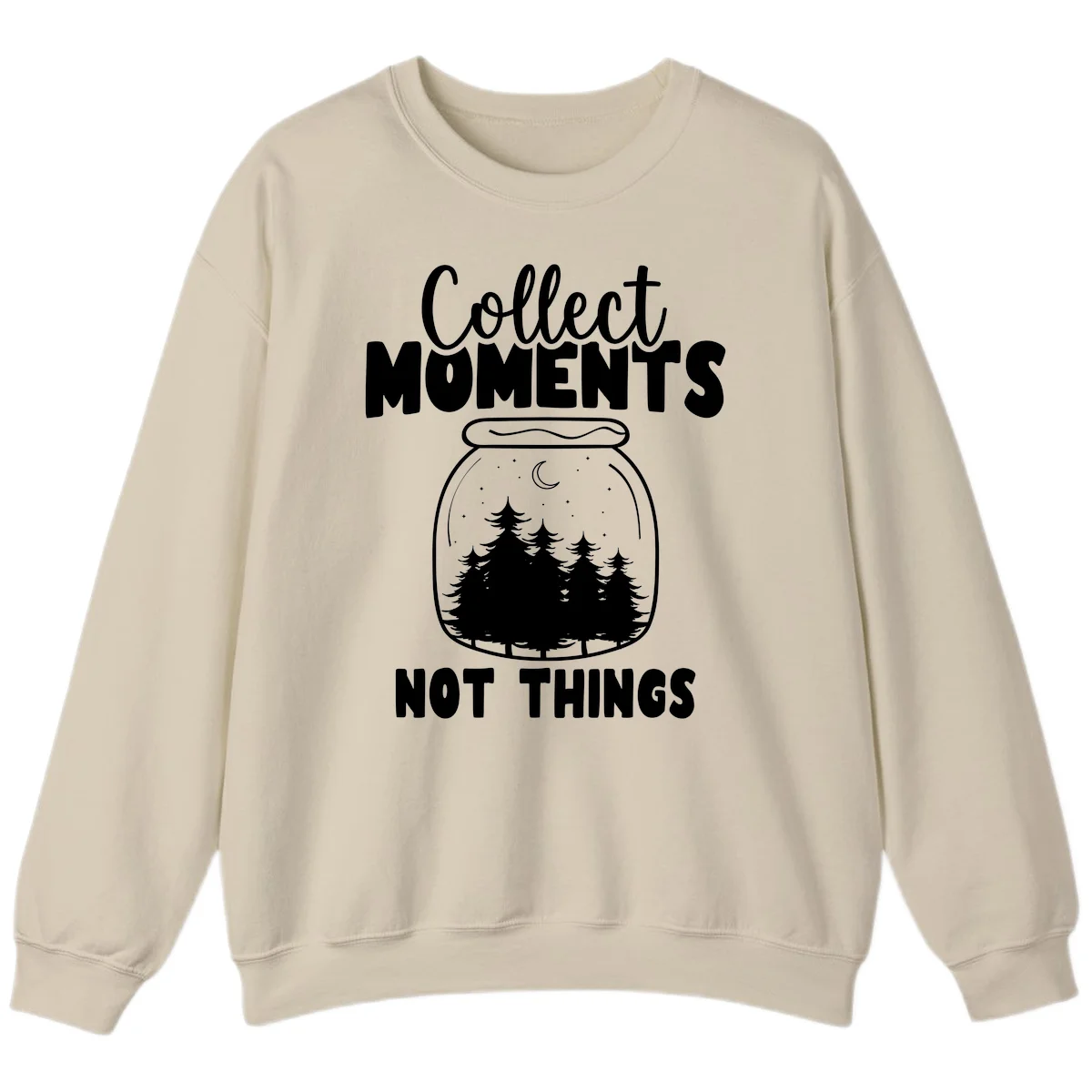 Illustration of a mason jar containing a nighttime forest scene with trees, moon, and stars, with text reading 'Collect Moments Not Things' in Sand