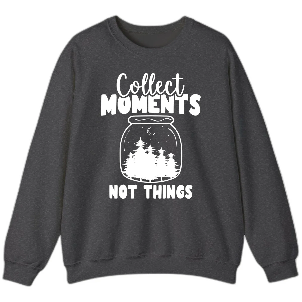Illustration of a mason jar containing a nighttime forest scene with trees, moon, and stars, with text reading 'Collect Moments Not Things' in Dark Heather