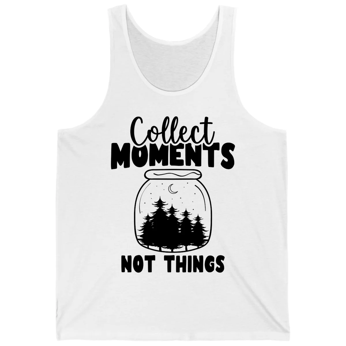 Illustration of a mason jar containing a nighttime forest scene with trees, moon, and stars, with text reading 'Collect Moments Not Things' in White