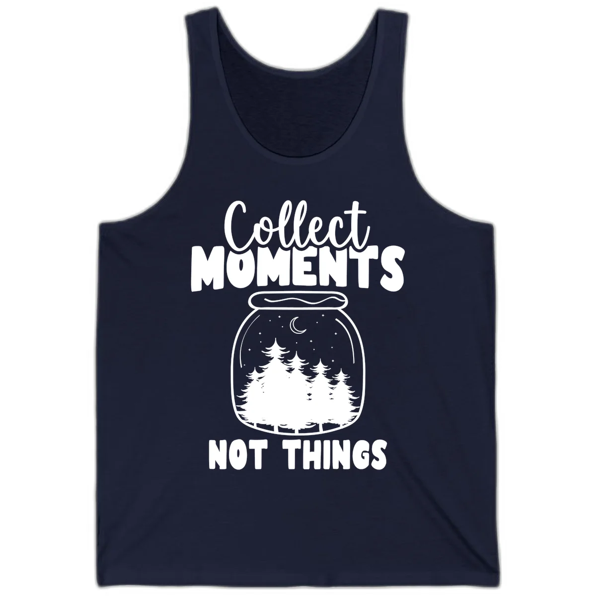 Illustration of a mason jar containing a nighttime forest scene with trees, moon, and stars, with text reading 'Collect Moments Not Things' in Navy