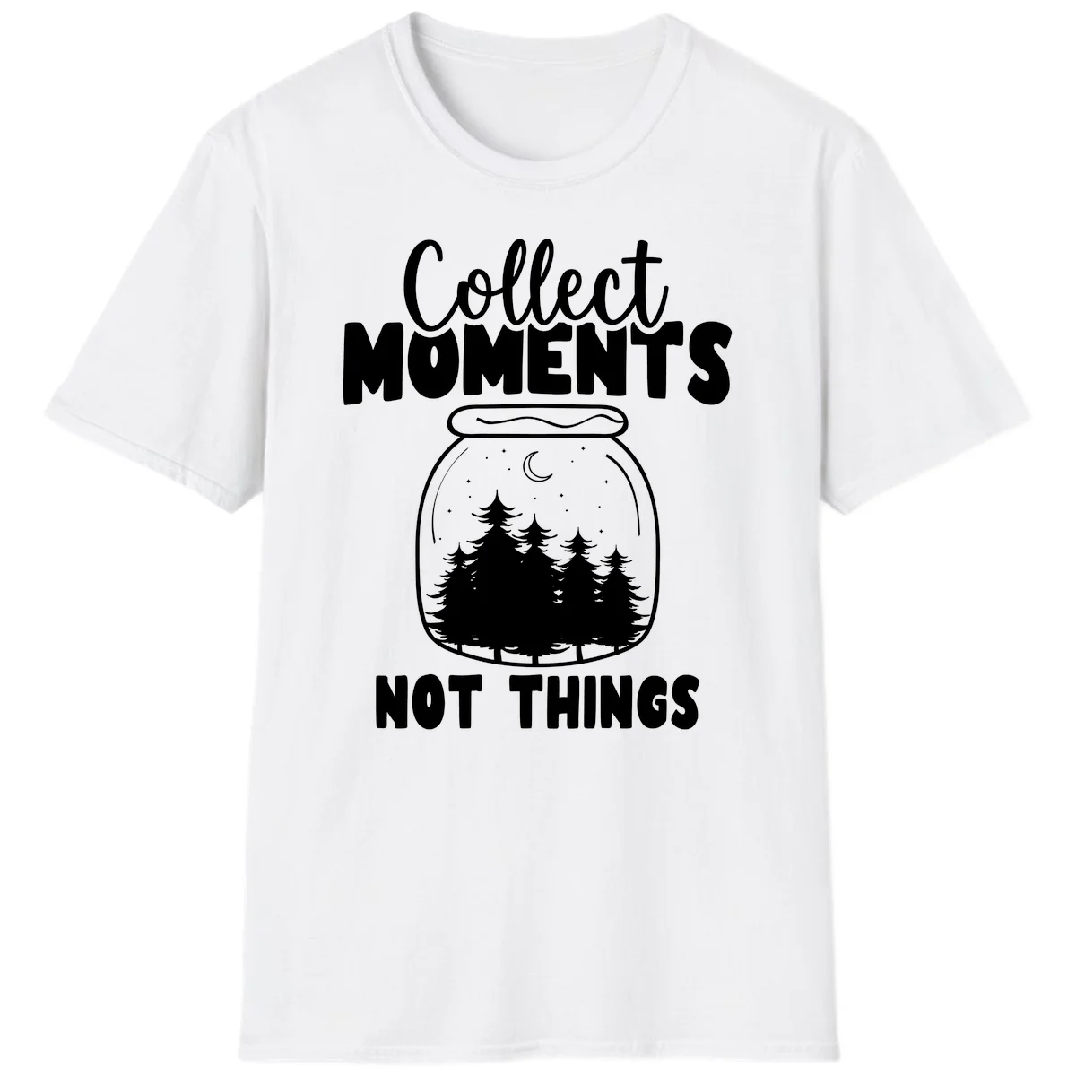 Illustration of a mason jar containing a nighttime forest scene with trees, moon, and stars, with text reading 'Collect Moments Not Things' in White