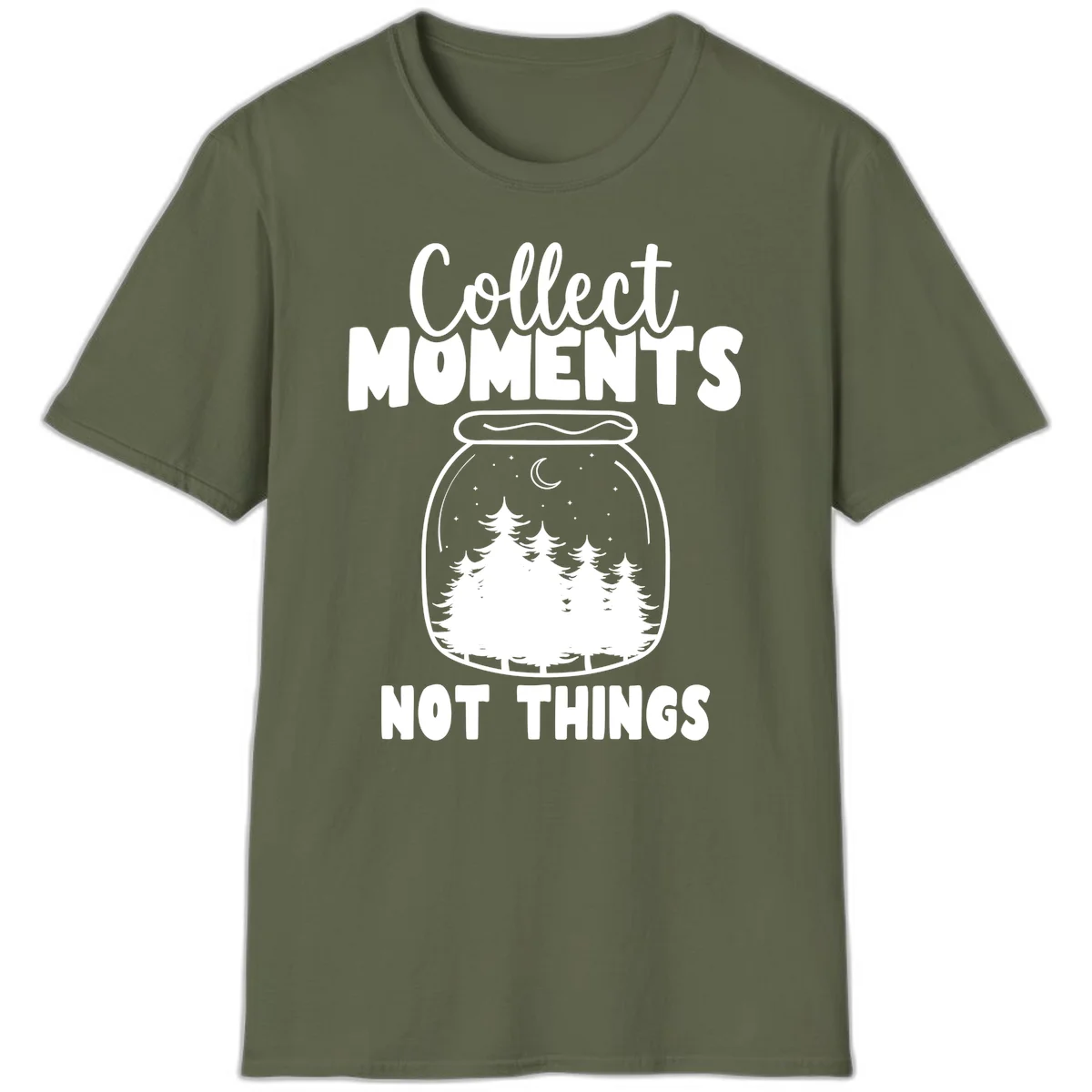 Illustration of a mason jar containing a nighttime forest scene with trees, moon, and stars, with text reading 'Collect Moments Not Things' in Military Green