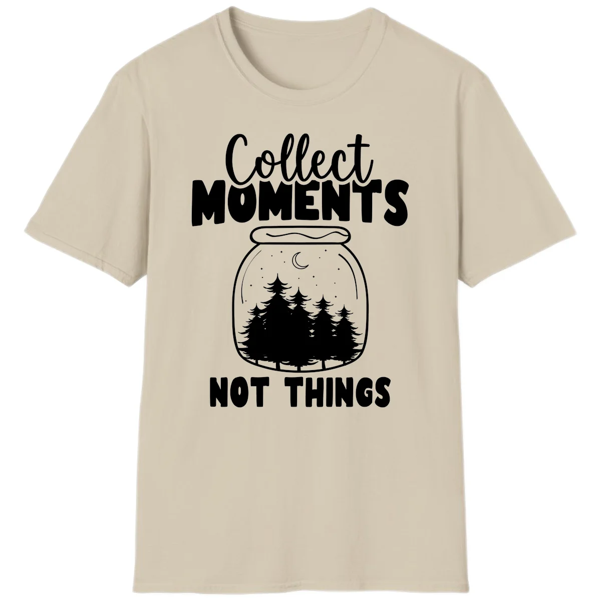 Illustration of a mason jar containing a nighttime forest scene with trees, moon, and stars, with text reading 'Collect Moments Not Things' in Sand