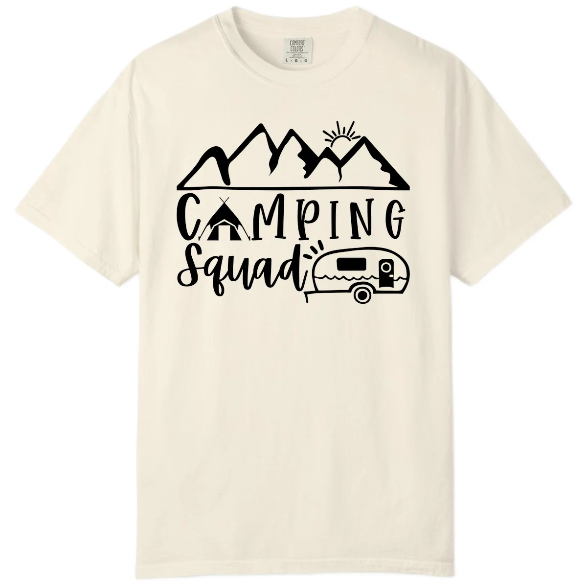 Camping squad adventure design with mountains, sun, tent, and RV trailer in white line art style on gray background in Ivory