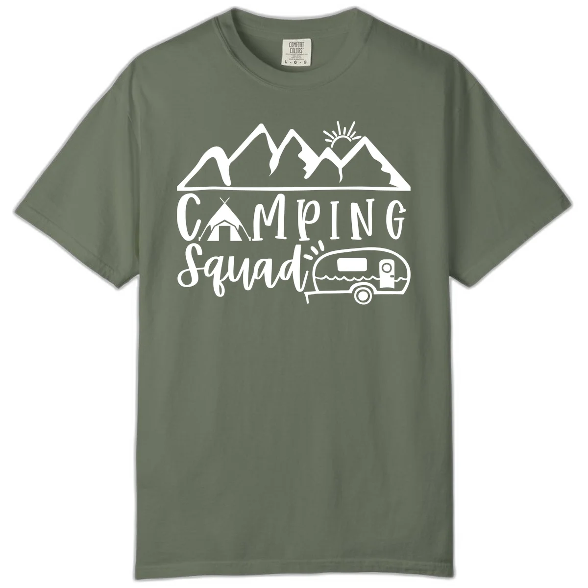 Camping squad adventure design with mountains, sun, tent, and RV trailer in white line art style on gray background in Moss