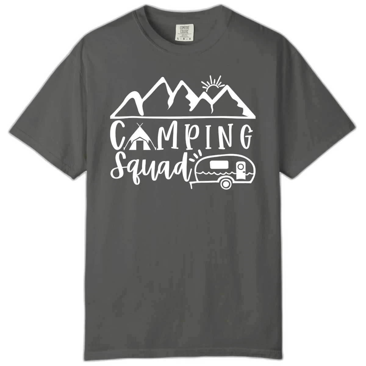 Camping squad adventure design with mountains, sun, tent, and RV trailer in white line art style on gray background in Pepper
