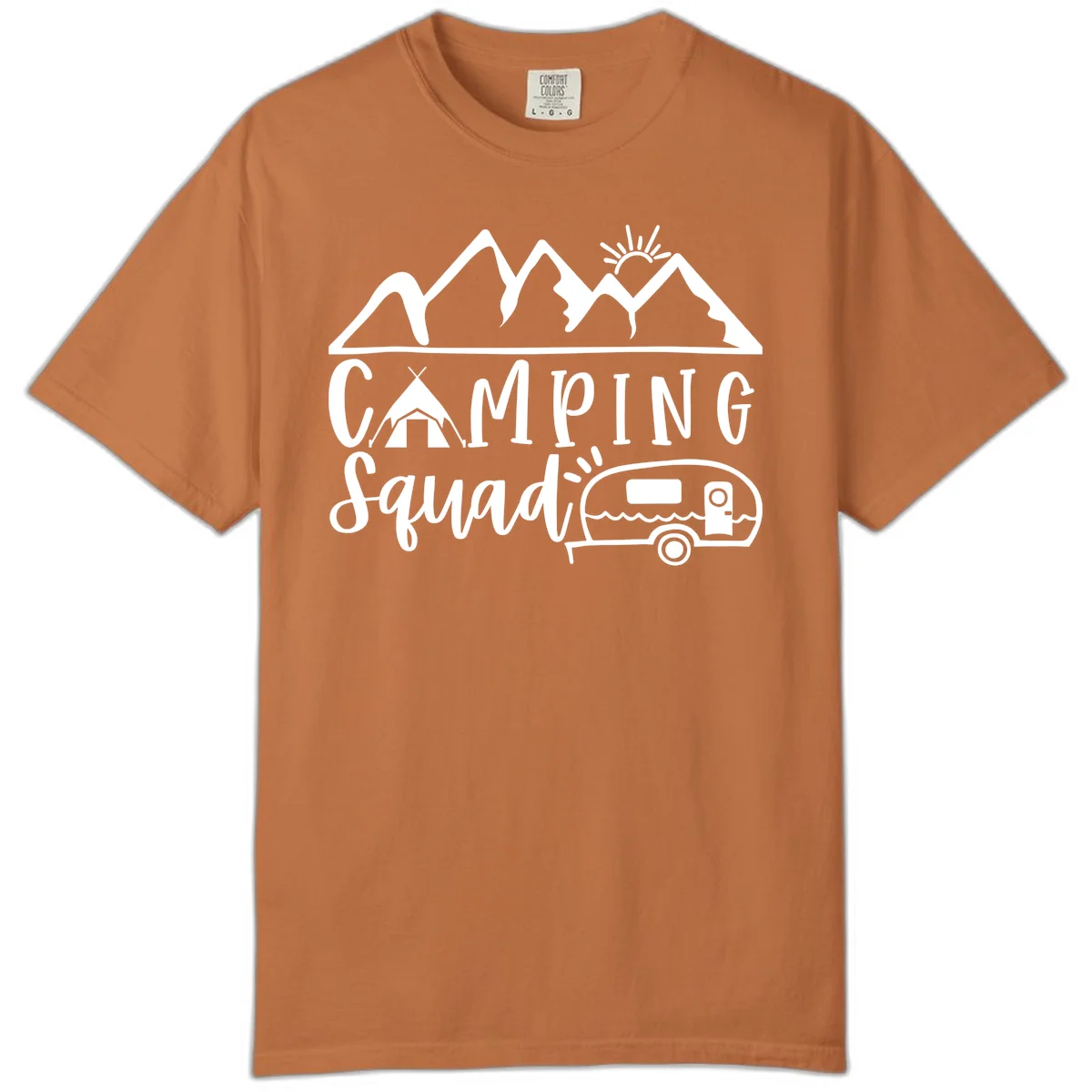 Camping squad adventure design with mountains, sun, tent, and RV trailer in white line art style on gray background in Yam